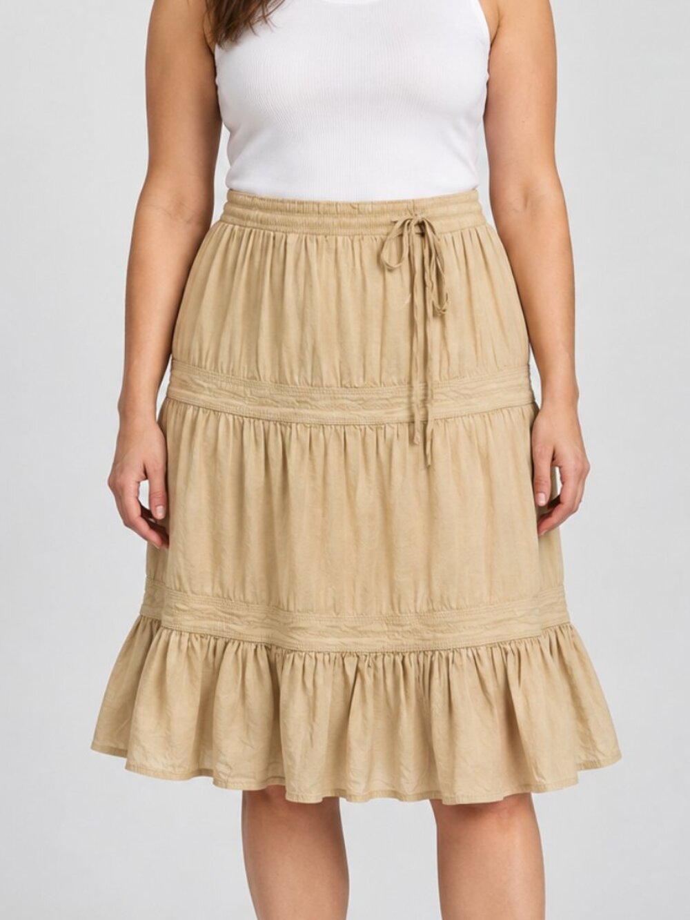 Theory Beige Tiered Drawstring Waist A-Line Skirt Size Large